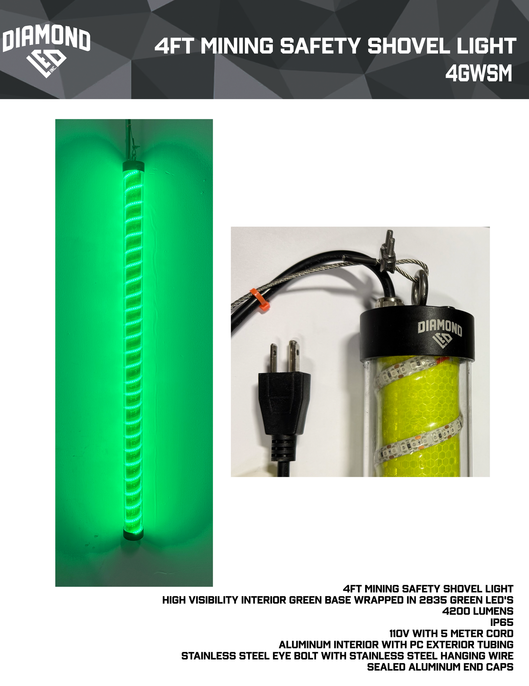 4FT Green mining shovel marker / safety light