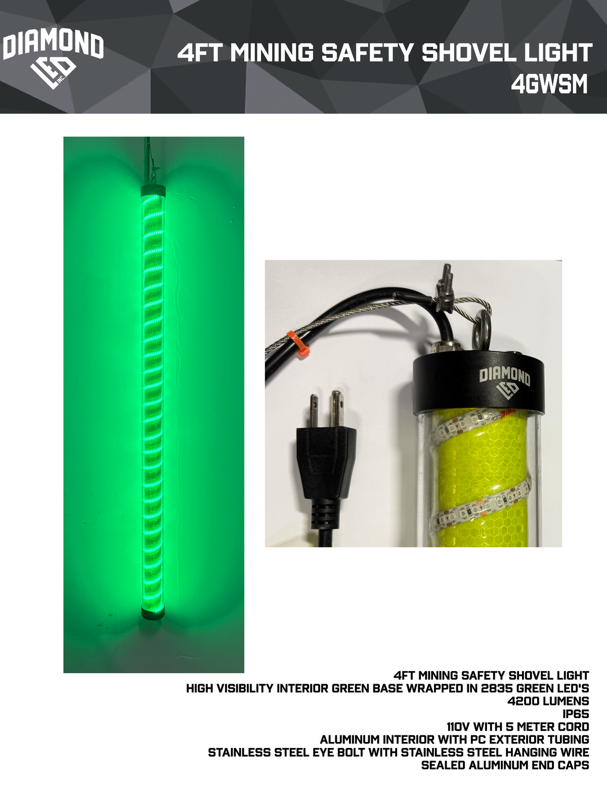 4FT Green mining shovel marker / safety light