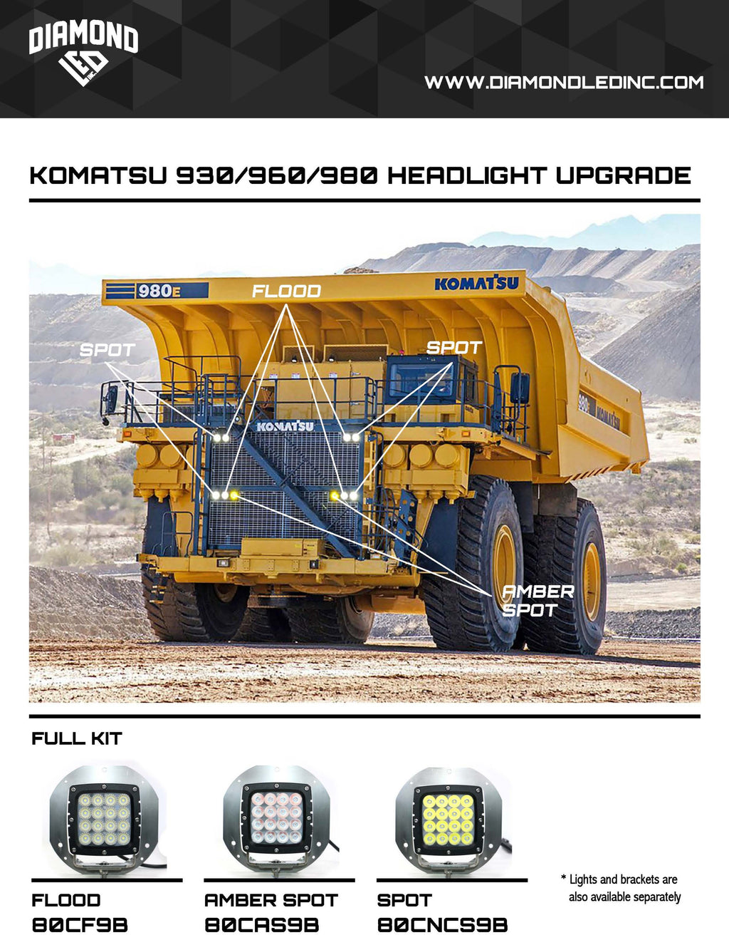 KOMATSU HEAVY HAULER HEADLIGHTS & STAINLESS STEEL BRACKET